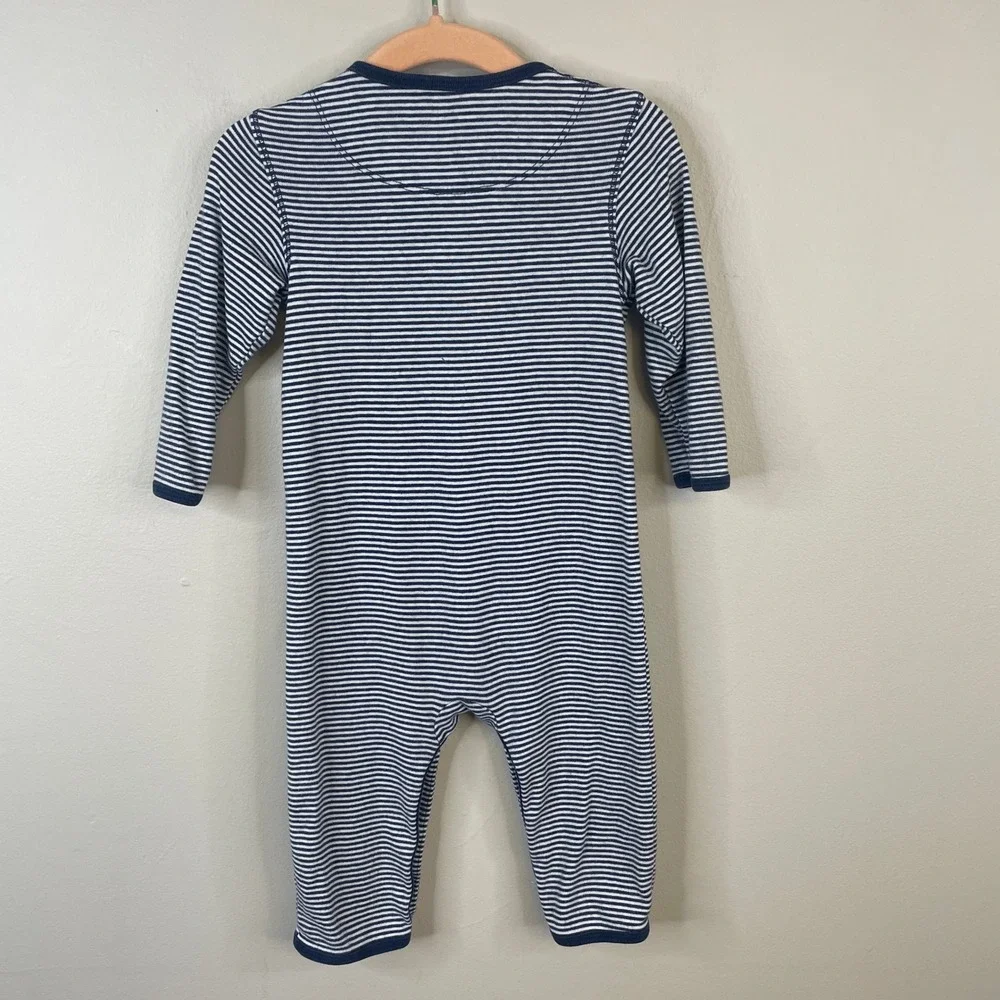 Baby Gap Sleeper Embroidered Bear Preppy 6-12M Blue Striped One Piece Pajamas
